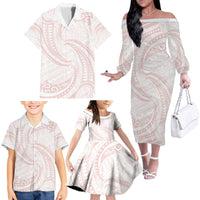 White Sunday Lotu Tamaiti Family Matching Off The Shoulder Long Sleeve Dress and Hawaiian Shirt Polynesian Wave Pastel Blush LT9 - Polynesian Pride