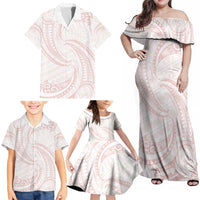 White Sunday Lotu Tamaiti Family Matching Off Shoulder Maxi Dress and Hawaiian Shirt Polynesian Wave Pastel Blush LT9 - Polynesian Pride