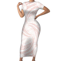 White Sunday Lotu Tamaiti Family Matching Short Sleeve Bodycon Dress and Hawaiian Shirt Polynesian Wave Pastel Blush LT9 Mom's Dress Blush - Polynesian Pride