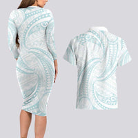 White Sunday Lotu Tamaiti Couples Matching Long Sleeve Bodycon Dress and Hawaiian Shirt Polynesian Wave Pastel Cyan LT9 - Polynesian Pride