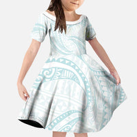 White Sunday Lotu Tamaiti Family Matching Off The Shoulder Long Sleeve Dress and Hawaiian Shirt Polynesian Wave Pastel Cyan LT9 Daughter's Dress Cyan - Polynesian Pride