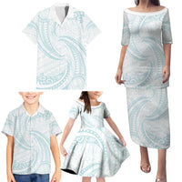 White Sunday Lotu Tamaiti Family Matching Puletasi and Hawaiian Shirt Polynesian Wave Pastel Cyan LT9 - Polynesian Pride