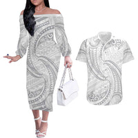 White Sunday Lotu Tamaiti Couples Matching Off The Shoulder Long Sleeve Dress and Hawaiian Shirt Polynesian Wave Pastel Gray LT9 Gray - Polynesian Pride
