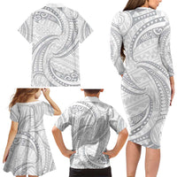 White Sunday Lotu Tamaiti Family Matching Long Sleeve Bodycon Dress and Hawaiian Shirt Polynesian Wave Pastel Gray LT9 - Polynesian Pride