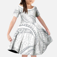 White Sunday Lotu Tamaiti Family Matching Off The Shoulder Long Sleeve Dress and Hawaiian Shirt Polynesian Wave Pastel Gray LT9 Daughter's Dress Gray - Polynesian Pride