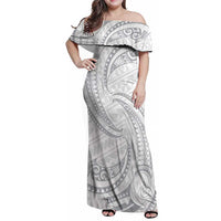 White Sunday Lotu Tamaiti Family Matching Off Shoulder Maxi Dress and Hawaiian Shirt Polynesian Wave Pastel Gray LT9 Mom's Dress Gray - Polynesian Pride