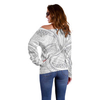 White Sunday Lotu Tamaiti Off Shoulder Sweater Polynesian Wave Pastel Gray - Polynesian Pride