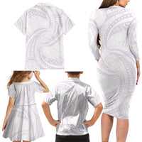 White Sunday Lotu Tamaiti Family Matching Long Sleeve Bodycon Dress and Hawaiian Shirt Polynesian Wave Pastel Mauve LT9 - Polynesian Pride