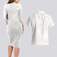 White Sunday Lotu Tamaiti Couples Matching Long Sleeve Bodycon Dress and Hawaiian Shirt Polynesian Wave Pastel Nude LT9 - Polynesian Pride