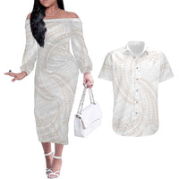 White Sunday Lotu Tamaiti Couples Matching Off The Shoulder Long Sleeve Dress and Hawaiian Shirt Polynesian Wave Pastel Nude LT9 Nude - Polynesian Pride