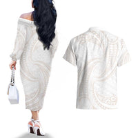 White Sunday Lotu Tamaiti Couples Matching Off The Shoulder Long Sleeve Dress and Hawaiian Shirt Polynesian Wave Pastel Nude LT9 - Polynesian Pride
