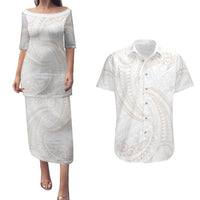White Sunday Lotu Tamaiti Couples Matching Puletasi and Hawaiian Shirt Polynesian Wave Pastel Nude - Polynesian Pride
