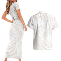 White Sunday Lotu Tamaiti Couples Matching Short Sleeve Bodycon Dress and Hawaiian Shirt Polynesian Wave Pastel Nude LT9 - Polynesian Pride