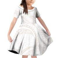 White Sunday Lotu Tamaiti Family Matching Off Shoulder Short Dress and Hawaiian Shirt Polynesian Wave Pastel Nude LT9 Daughter's Dress Nude - Polynesian Pride