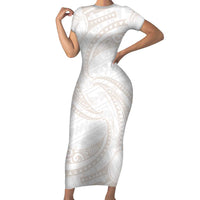 White Sunday Lotu Tamaiti Family Matching Short Sleeve Bodycon Dress and Hawaiian Shirt Polynesian Wave Pastel Nude LT9 Mom's Dress Nude - Polynesian Pride