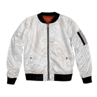 White Sunday Lotu Tamaiti Sleeve Zip Bomber Jacket Polynesian Wave Pastel Nude - Polynesian Pride