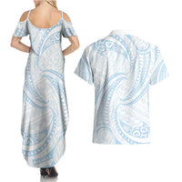 White Sunday Lotu Tamaiti Couples Matching Summer Maxi Dress and Hawaiian Shirt Polynesian Wave Pastel Sky Blue LT9 - Polynesian Pride