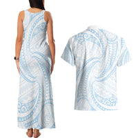 White Sunday Lotu Tamaiti Couples Matching Tank Maxi Dress and Hawaiian Shirt Polynesian Wave Pastel Sky Blue - Polynesian Pride