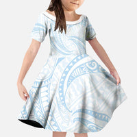 White Sunday Lotu Tamaiti Family Matching Off The Shoulder Long Sleeve Dress and Hawaiian Shirt Polynesian Wave Pastel Sky Blue LT9 Daughter's Dress Blue - Polynesian Pride