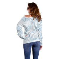 White Sunday Lotu Tamaiti Off Shoulder Sweater Polynesian Wave Pastel Sky Blue LT9 - Polynesian Pride