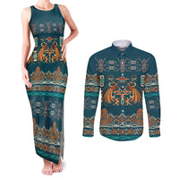 Dark Cyan Blue Batik Papua-inspired Pattern Couples Matching Tank Maxi Dress and Long Sleeve Button Shirt - Polynesian Pride