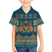 Dark Cyan Blue Batik Papua-inspired Pattern Family Matching Off The Shoulder Long Sleeve Dress and Hawaiian Shirt - Polynesian Pride