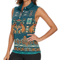 Dark Cyan Blue Batik Papua-inspired Pattern Women Sleeveless Polo Shirt - Polynesian Pride