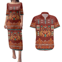 Oxblood Batik Papua-inspired Pattern Couples Matching Puletasi and Hawaiian Shirt - Polynesian Pride
