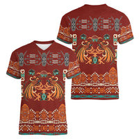 Oxblood Batik Papua-inspired Pattern Women V-Neck T-Shirt - Polynesian Pride