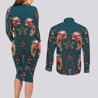 Dark Cyan Blue Bird of Batik Papua Couples Matching Long Sleeve Bodycon Dress and Long Sleeve Button Shirt Exotic Natural Wealth of Papua LT9 - Polynesian Pride