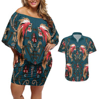 Dark Cyan Blue Bird of Batik Papua Couples Matching Off Shoulder Short Dress and Hawaiian Shirt Exotic Natural Wealth of Papua LT9 Blue - Polynesian Pride