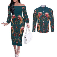 Dark Cyan Blue Bird of Batik Papua Couples Matching Off The Shoulder Long Sleeve Dress and Long Sleeve Button Shirt Exotic Natural Wealth of Papua LT9 Blue - Polynesian Pride