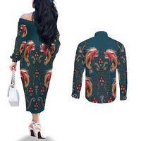 Dark Cyan Blue Bird of Batik Papua Couples Matching Off The Shoulder Long Sleeve Dress and Long Sleeve Button Shirt Exotic Natural Wealth of Papua LT9 - Polynesian Pride