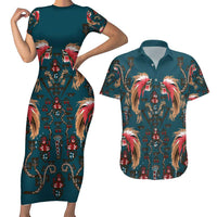 Dark Cyan Blue Bird of Batik Papua Couples Matching Short Sleeve Bodycon Dress and Hawaiian Shirt Exotic Natural Wealth of Papua LT9 Blue - Polynesian Pride