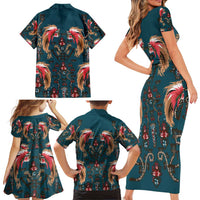 Dark Cyan Blue Bird of Batik Papua Family Matching Short Sleeve Bodycon Dress and Hawaiian Shirt Exotic Natural Wealth of Papua LT9 - Polynesian Pride