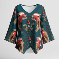 Dark Cyan Blue Bird of Batik Papua Kimono Sleeve Blouse Exotic Natural Wealth of Papua LT9 Female Blue - Polynesian Pride