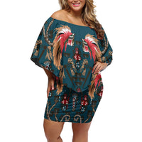 Dark Cyan Blue Bird of Batik Papua Off Shoulder Short Dress Exotic Natural Wealth of Papua LT9 Women Blue - Polynesian Pride