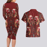 Oxblood Bird of Batik Papua Couples Matching Long Sleeve Bodycon Dress and Hawaiian Shirt Exotic Natural Wealth of Papua LT9 - Polynesian Pride