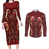 Oxblood Bird of Batik Papua Couples Matching Long Sleeve Bodycon Dress and Long Sleeve Button Shirt Exotic Natural Wealth of Papua LT9 Red - Polynesian Pride