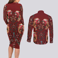 Oxblood Bird of Batik Papua Couples Matching Long Sleeve Bodycon Dress and Long Sleeve Button Shirt Exotic Natural Wealth of Papua LT9 - Polynesian Pride