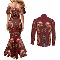 Oxblood Bird of Batik Papua Couples Matching Mermaid Dress and Long Sleeve Button Shirt Exotic Natural Wealth of Papua LT9 - Polynesian Pride