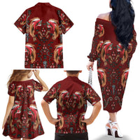 Oxblood Bird of Batik Papua Family Matching Off The Shoulder Long Sleeve Dress and Hawaiian Shirt Exotic Natural Wealth of Papua LT9 - Polynesian Pride