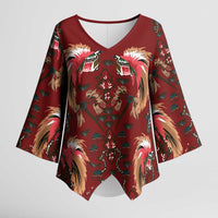 Oxblood Bird of Batik Papua Kimono Sleeve Blouse Exotic Natural Wealth of Papua LT9 Female Red - Polynesian Pride