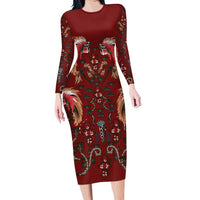 Oxblood Bird of Batik Papua Long Sleeve Bodycon Dress Exotic Natural Wealth of Papua LT9 Long Dress Red - Polynesian Pride