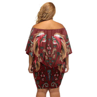Oxblood Bird of Batik Papua Off Shoulder Short Dress Exotic Natural Wealth of Papua LT9 - Polynesian Pride