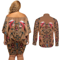 Terracotta Bird of Batik Papua Couples Matching Off Shoulder Short Dress and Long Sleeve Button Shirt Exotic Natural Wealth of Papua LT9 - Polynesian Pride