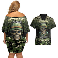 Veterans Day Couples Matching Off Shoulder Short Dress and Hawaiian Shirt War Never Leaves A Veteran Proud Military