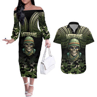 Veterans Day Couples Matching Off The Shoulder Long Sleeve Dress and Hawaiian Shirt War Never Leaves A Veteran Proud Military LT9 Black - Polynesian Pride