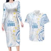 Palau 1981 Tribal Tattoo Couples Matching Long Sleeve Bodycon Dress and Hawaiian Shirt with Belau Plumeria Flowers LT9 White - Polynesian Pride