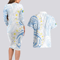 Palau 1981 Tribal Tattoo Couples Matching Long Sleeve Bodycon Dress and Hawaiian Shirt with Belau Plumeria Flowers LT9 - Polynesian Pride